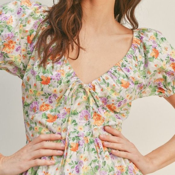 Boho floral v neck ruffle tiered open back mini dress lush brand size small - Picture 2 of 4